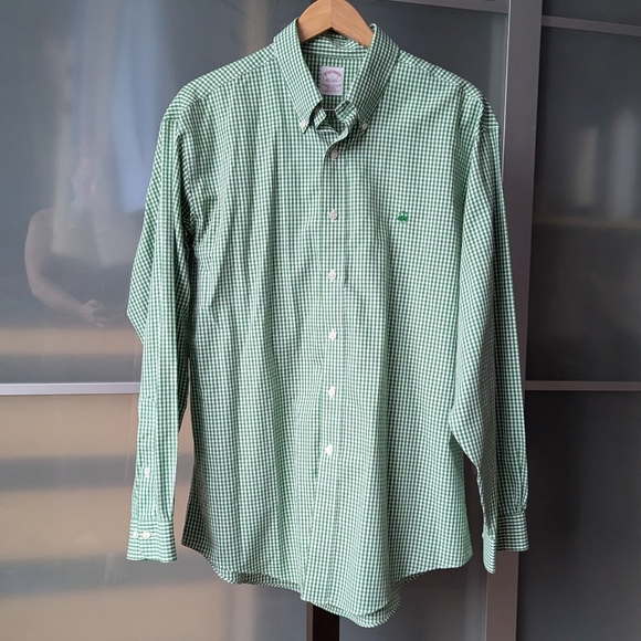 Men's Brooks Brothers Green Check Button Down Non-Iron Shirt 100% Cotton - Large - Picture 2 of 12